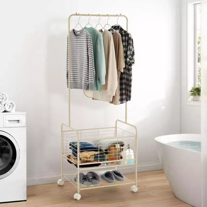 Clothes Rack with Laundry Basket, Metal Rolling Laundry Basket, Wheeled Clothes Storage Rack, with Storage Basket and Shelf, Suitable for Apartments