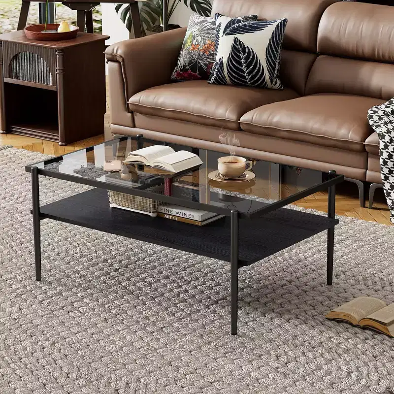 Okak Rectangle Modern Coffee Table with Storage Open Shelves, Tempered Glass Top Practical Side Table for Living Room Dining room