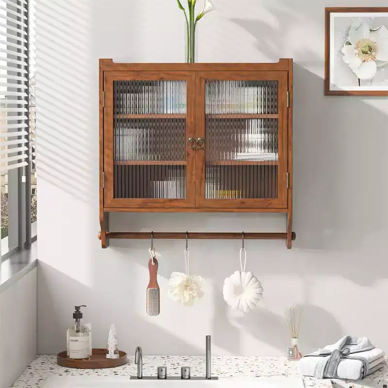 24.8Glass Door Vintage Double Door Wall Cabinet with Three Tiers of Storage with Towel Rack, for Bathroom, Kitchen,Dining Room,Brown