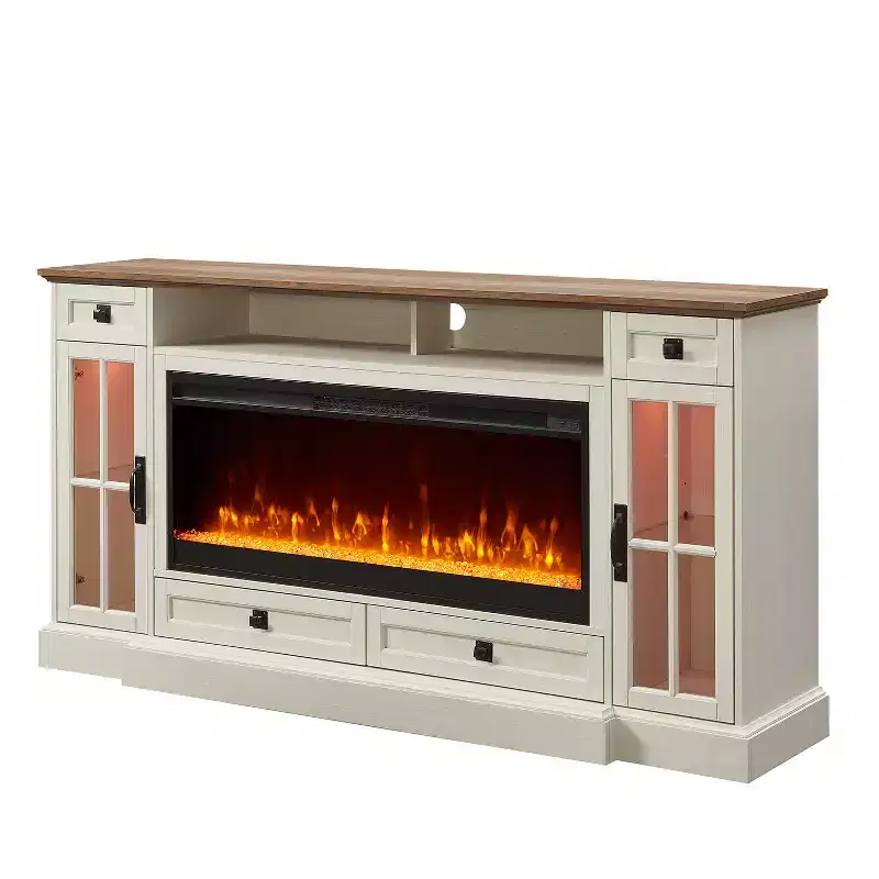 Antique White / Dark Rustic Oak / Light Rustic Oak / Reclaimed Barnwood Farmhouse TV Stand with Electric Fireplace, Fits up to 80