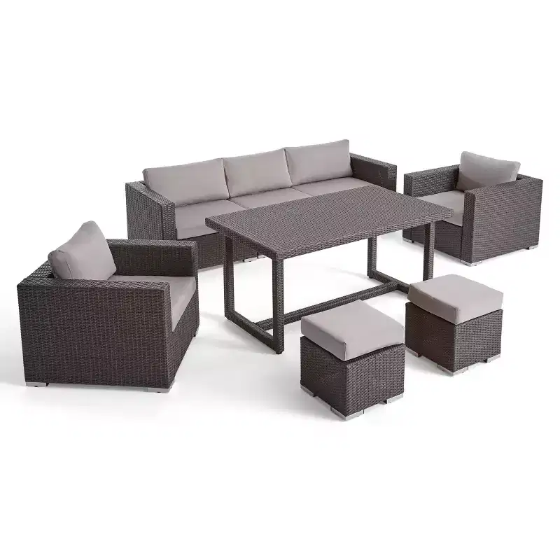 Santa Rosa 8pc Wicker & Aluminum Sofa Dining Set - Gray/Silver - Christopher Knight Home: Outdoor Seating with Removable Cushions