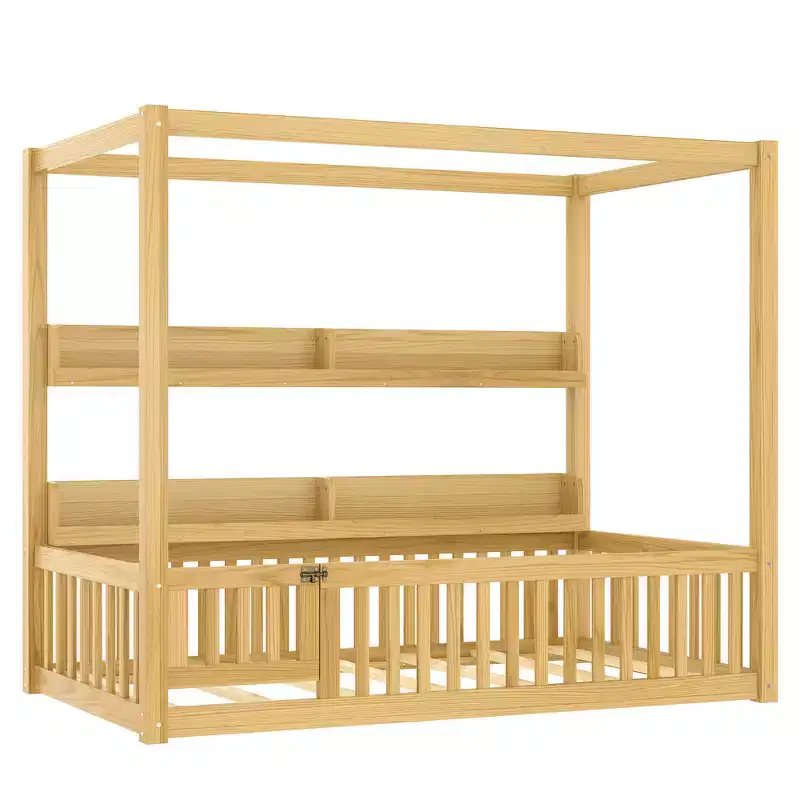 Zeus & Ruta Solid Wood Floor Bed with Canopy, Guardrails & Shelves for Kids - No Box Spring Needed