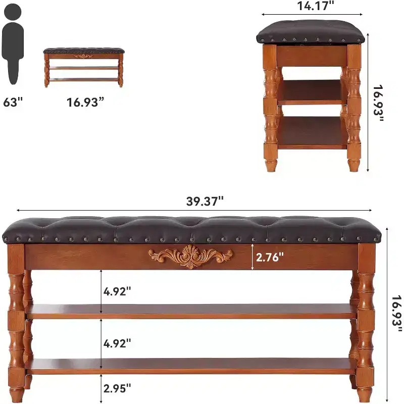Lantine Shoe Rack Bench with Flip-Top Storage and Leather Cushion, Wooden Entryway Bench for Bedroom, Mudroom, Hallway, Vintage Brown