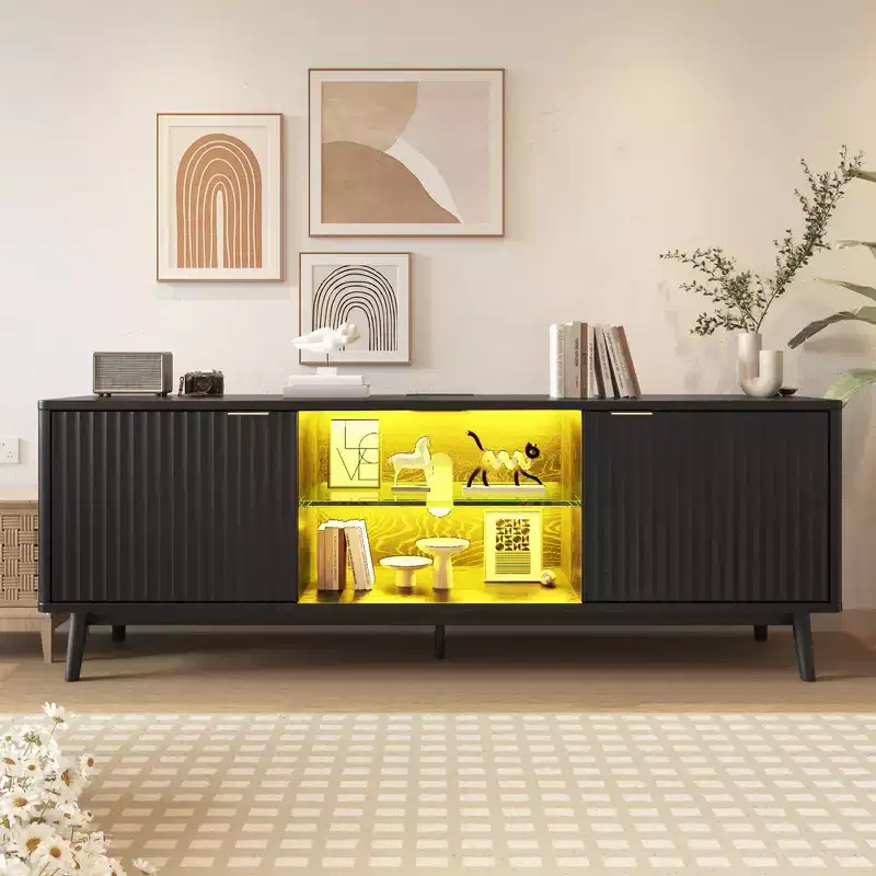 TV Stand,Entertainment Center for 75 TV, Fluted Media Console with Adjustable Shelves,Black Living Room Furniture