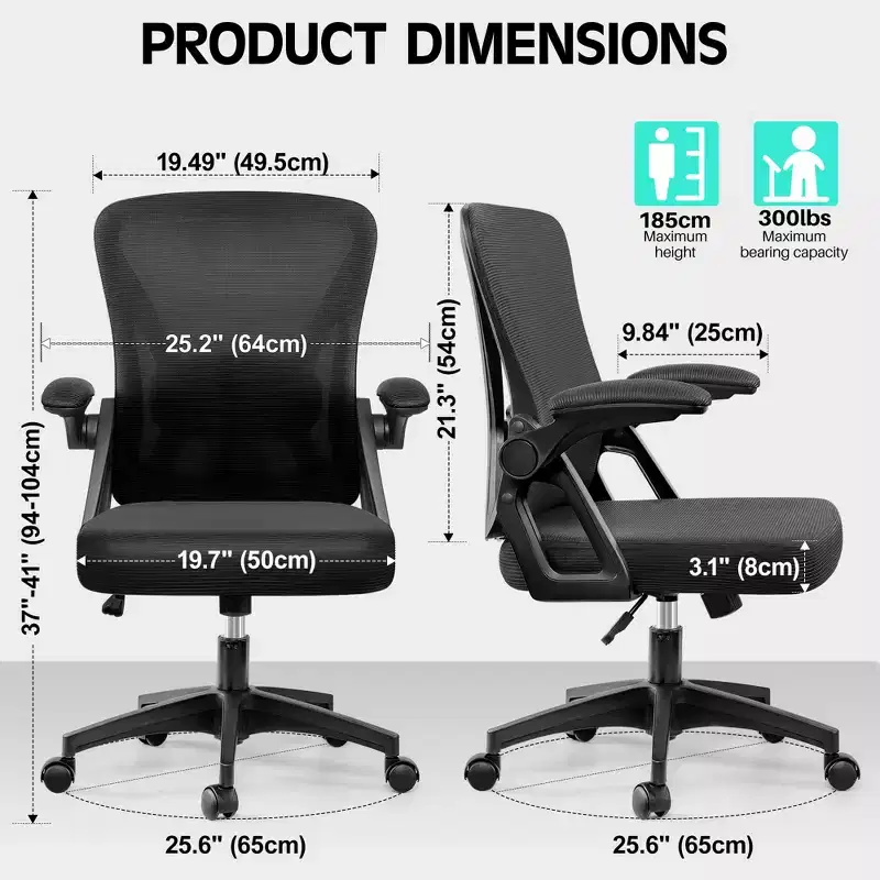 Ergonomic Home Computer Desk Chairs, Comfy Breathable Office Chair with Adjustable Lumbar Support Flip-up Armrests,