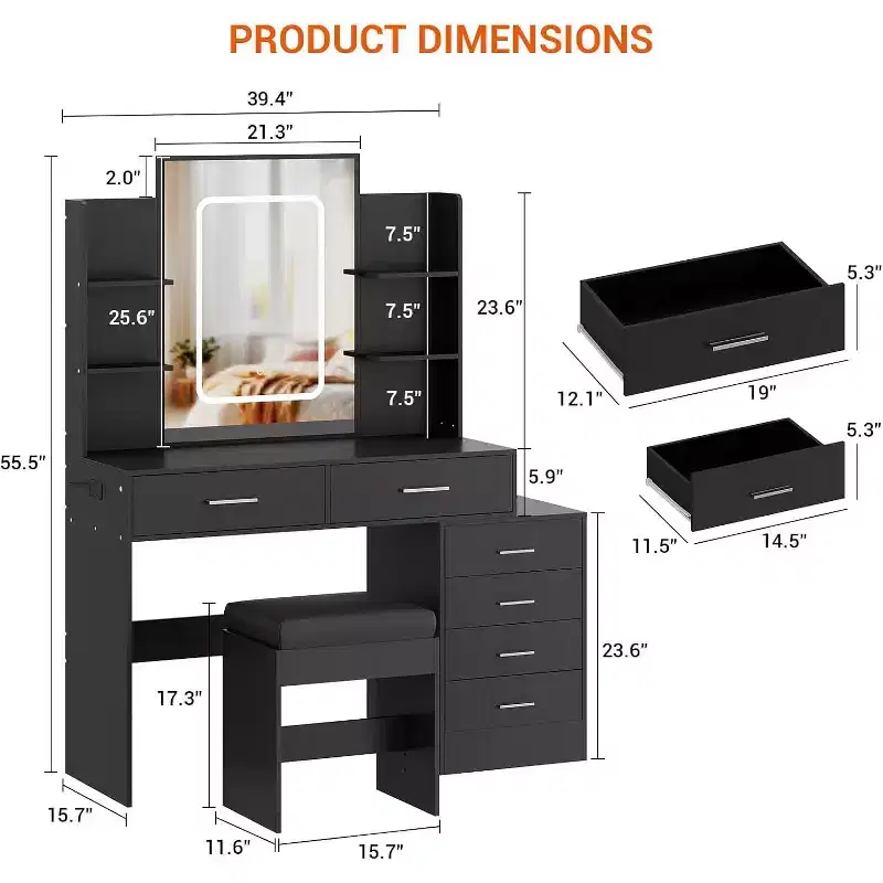 Modern Vanity Desk, Makeup Vanity Set with 6 Drawers and Shelves, Vanity with Vanity with Stool for Bedroom