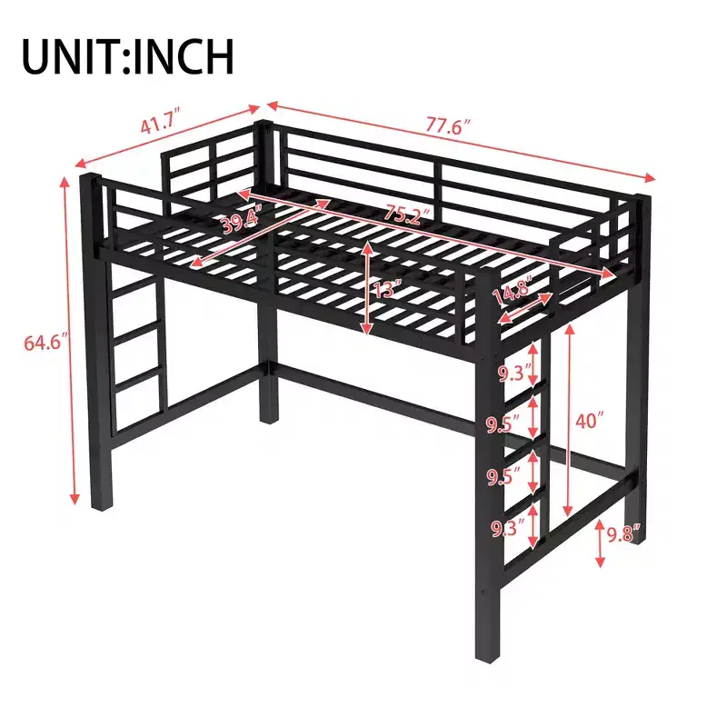 Twin/Queen Size Metal Loft Bed with Easy Climbing Ladder and Guardrails, Black