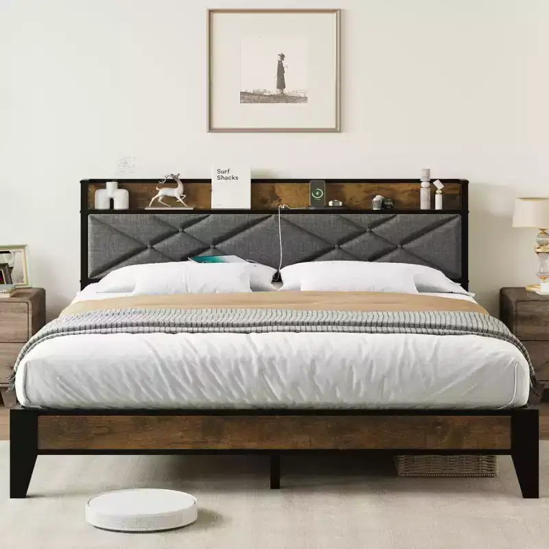 King Bed Frame with Headboard, Vintage Platform Bed with Charging Station & Storage Shelf, No Box Spring Needed, Grey & Brown