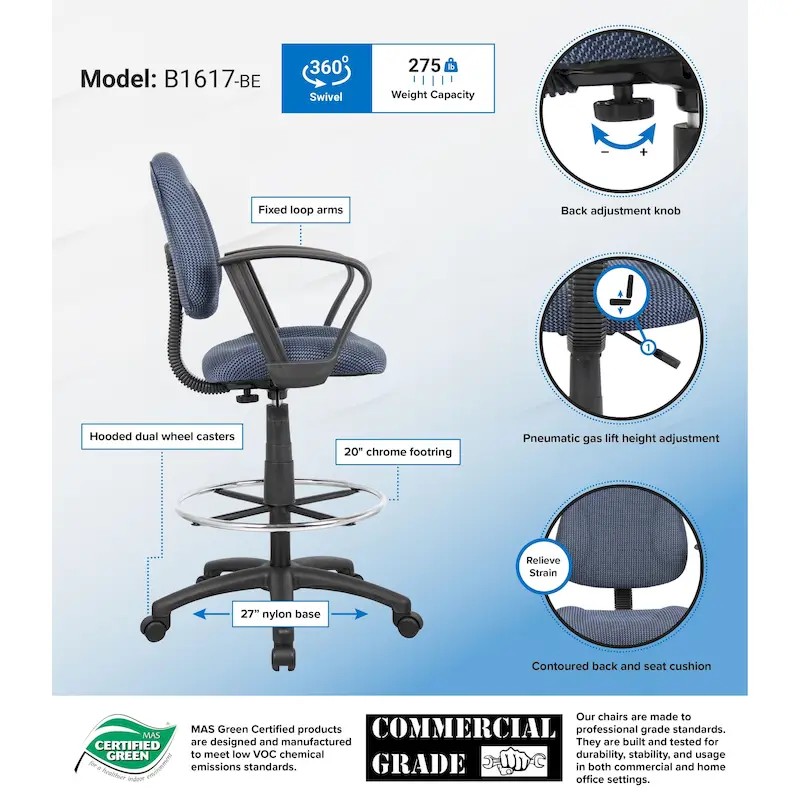 Boss Adjustable Black Loop Arm Drafting Stool with Wheel Casters