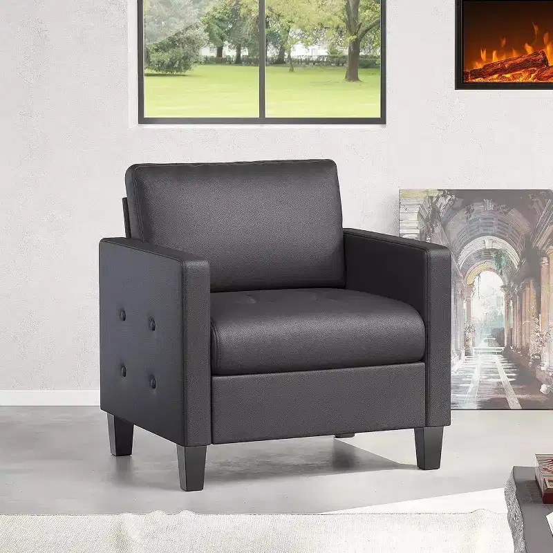 TYBOATLE Black Accent Chair, Modern Faux Leather Reading Chair with Tufted Seat for Living Room Bedroom Reading Waiting Room