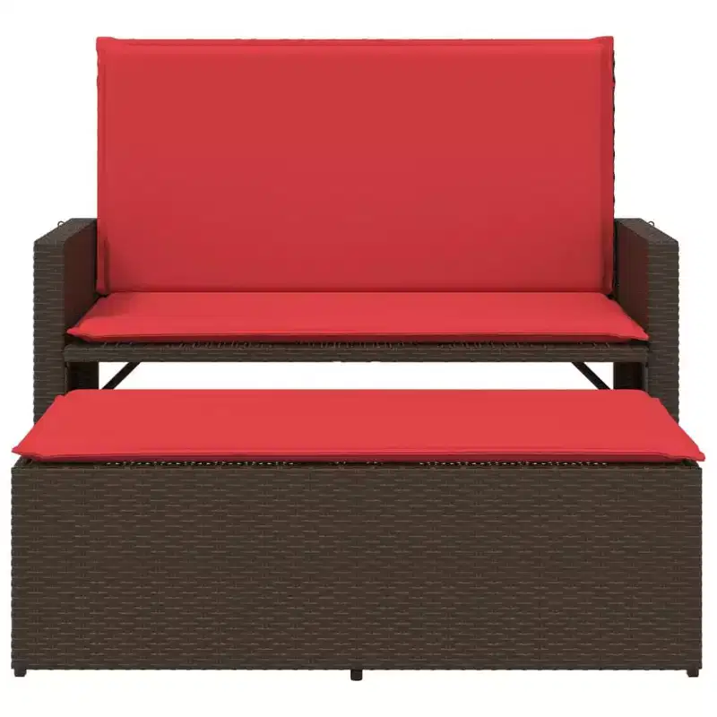 vidaXL Patio Bench with Cushions and Footstool Brown Poly Rattan