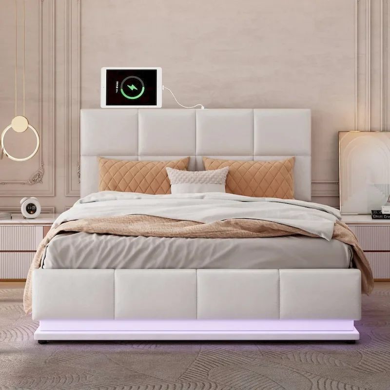 Tufted Upholstered Platform Bed with Hydraulic Storage System,Queen Size PU Storage Bed with LED Lights and USB charger