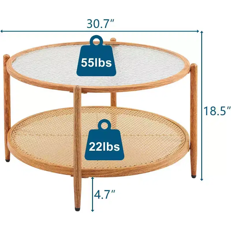 VINGLI 30 Rattan Coffee Table, Round Water-Wave Glass Metal Center Table with 2-Tier Storage, for Living Room, Natural Vibe