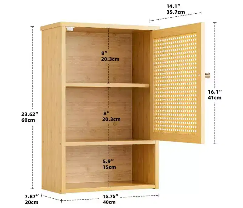 Bamboo Bathroom Wall Cabinet with Rattan Doors, Over Toilet Storage with Adjustable Shelf, Space-Saving Medicine Cabinet for Kitchen Living Room
