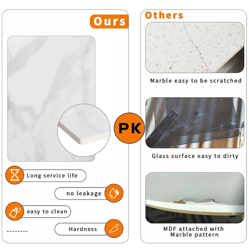 6 Seater Kitchen Dining Table Modern Marble Tabletop Rectangular with Tapered Metal Legs
