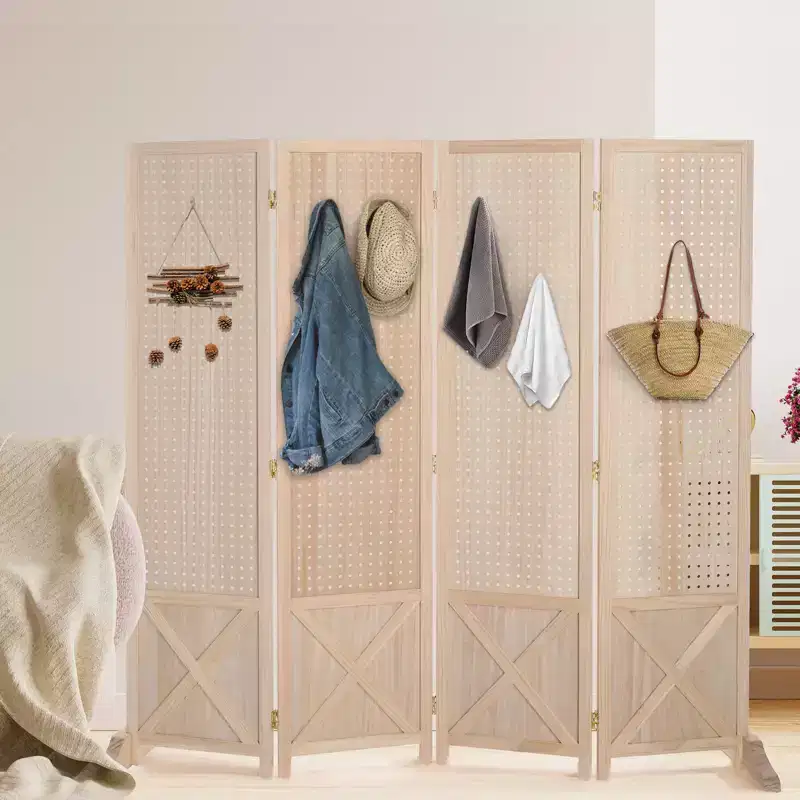 VINGLI 4 Panel Freestanding Pegboard with Feet, 5 FT Wood Room Divider Display Board, Partition Space Separator for Craft Shows Retail (Natural)