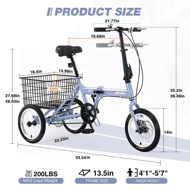 NAYSAYE Adult Folding Tricycle with Basket, Collapsible Steel Frame, Large Load Capacity for Outdoor Shopping & Travel, Blue, 53.54*23.23*39.49