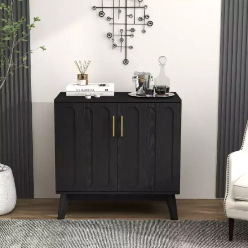 32-Inch Mid-Century Modern Fluted Accent Storage Cabinet, Small 2-Door Sideboard with Solid Wood Legs and Gold Handles