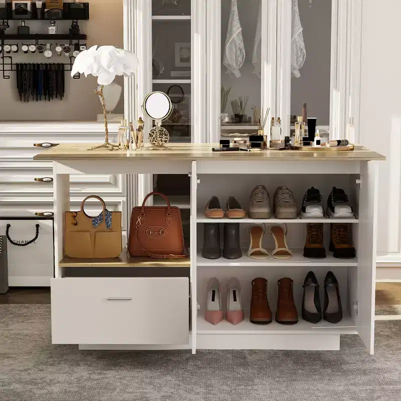 Famapy Modern Vanity Island with Adjustable Shelves,Vanity Shoe Storage Cabinet with Fold-Up Side Leaf,Makeup Dressing Table for Entryway & Bedroom