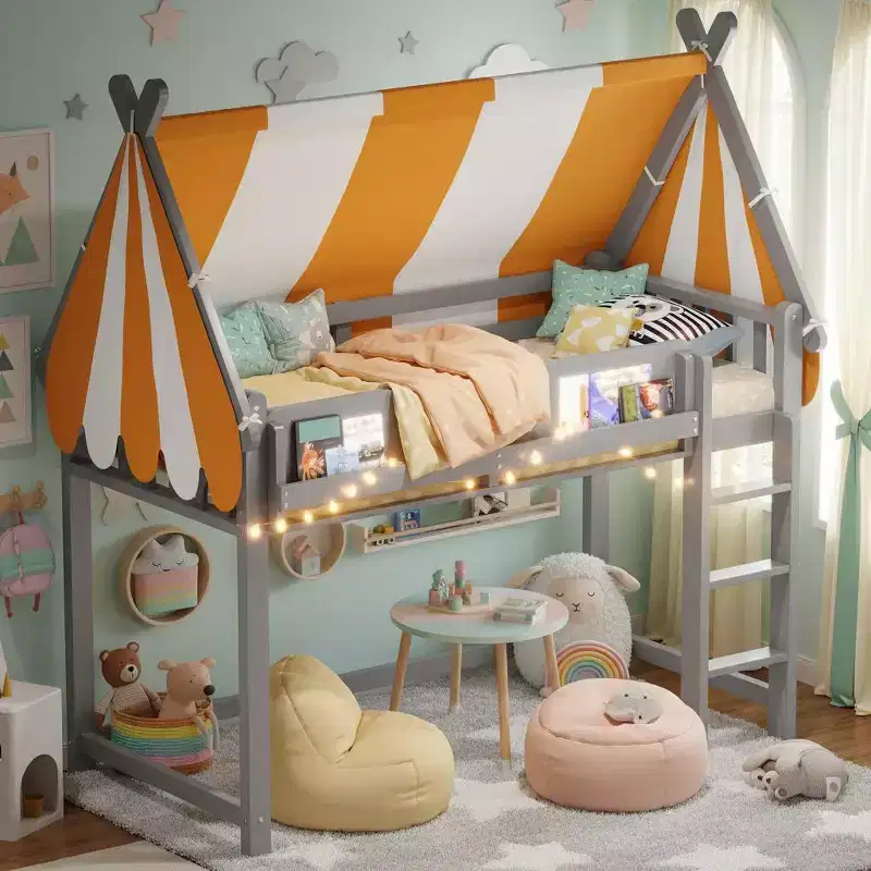 Polibi Canopy Loft Bed with LED String Lights & Front Bookshelf
