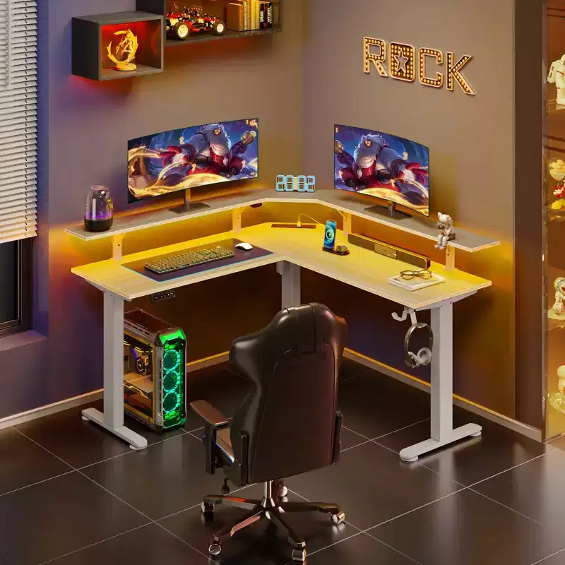 Height-Adjustable L-Shaped Standing Desk with RGB LED Lights, 4 AC Outlets & Built-In Monitor Stand