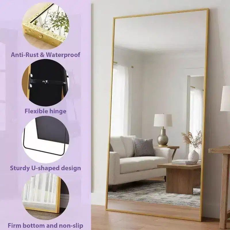 83x44 Gold Rectangular Full Length Mirror. Includes Stand for Freestanding or Wall Mounted Use in Any Room
