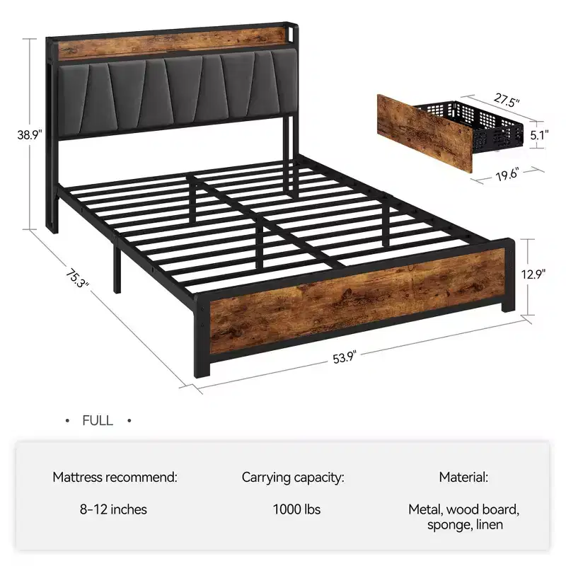 Bed Frame with Storage Headboard and Charging Station,Vintage Brown Platform
