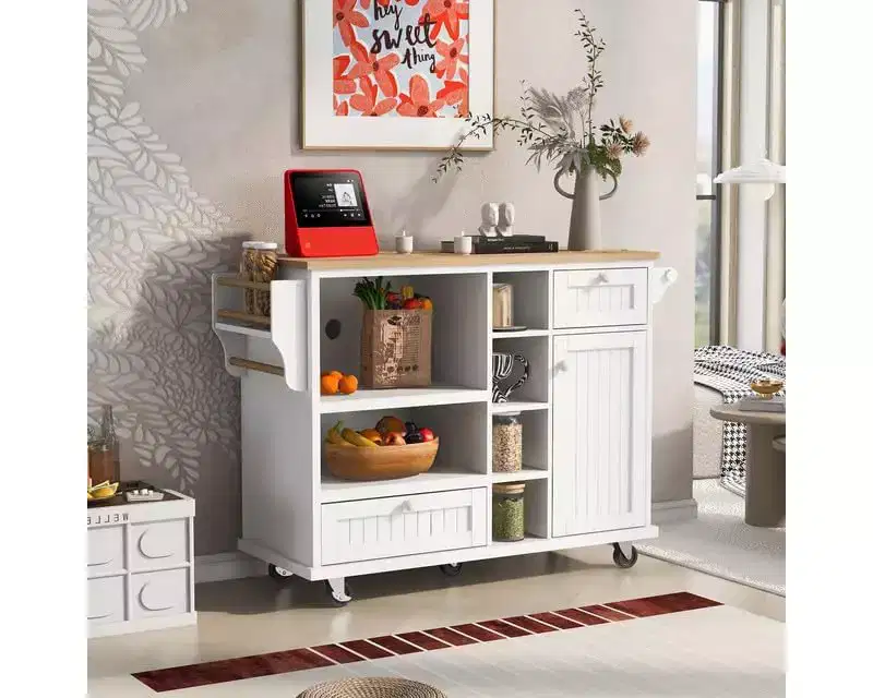 Kitchen Island Cart, Storage Cabinet with Microwave Rack and Two Locking Wheels, Solid Wood Desktop, Freestanding for Home Kitchen