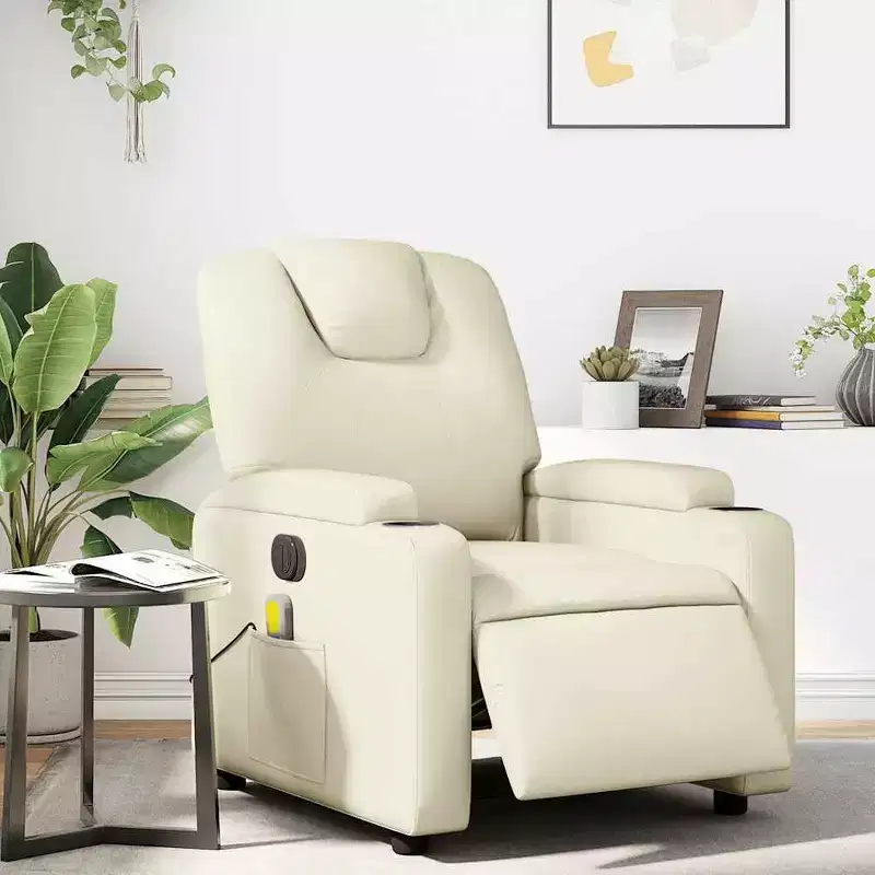 vidaXL Electric Massage Recliner Chair - Cream Faux Leather Adjustable Lounge Armchair with Cup Holders for Living Room/Office