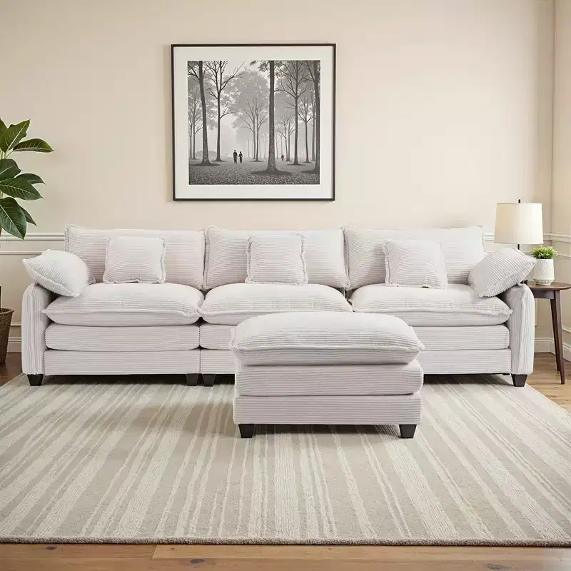 EHMKNP Corduroy 3-Seat Sectional Sofa - Modular with Ottoman