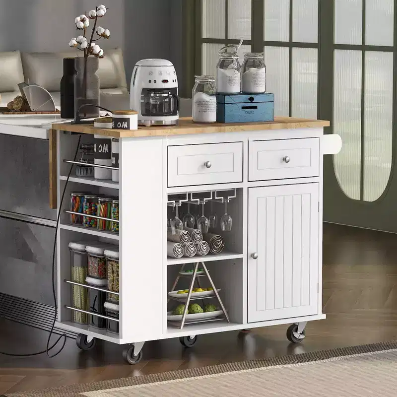 Kitchen Storage Island with Drop Leaf, Wine Rack and Adjustable Storage, White