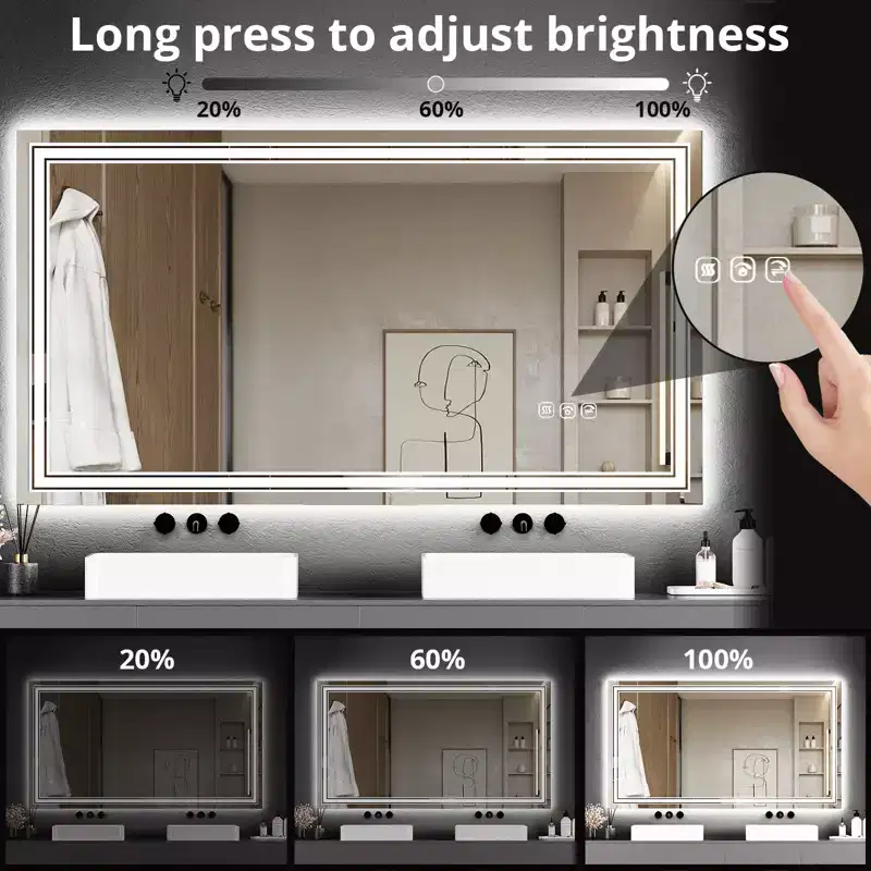 Large Bathroom Mirror with LED Lights, LED Vanity Mirror for Bathroom, 3 Adjustable Colors of Lights, Anti-Fog, Backlit + Front Lit, Stepless Dimming