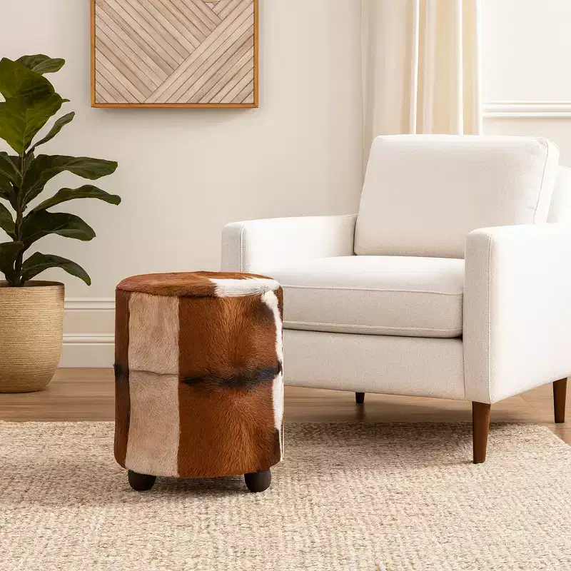 Decorative Cow Printed Upholstered Ottoman with Ball Feet - Comfortable Versatile Foot Rest Ottoman, Living Room Stool Furniture - 20, Brown & Ivory