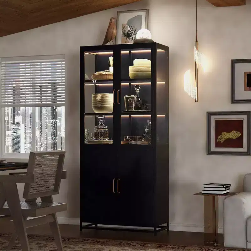 Okak Tall Display Buffet Cabinet with Glass Door & LED, Steel Bookshelves Pantry Cabinet for Kitchen/Hallways/Living Room/Office
