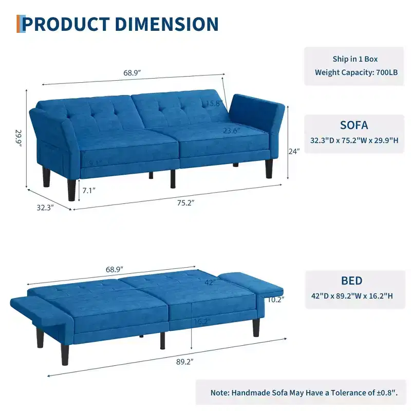 89 Futon Sofa Bed, Convertible Sleeper Sofa with Adjustable Backrest & Armrest, Modern Futon Couch Bed