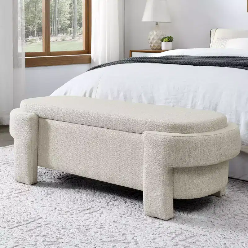 Okak Oval Storage Ottoman with Large Storage Space, Storage Bench with Decorative Wooden Legs and Linen Cushions, Entryway Bench