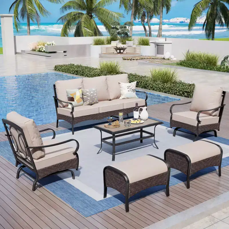 Captiva Designs 6pc Extra Large Metal and Rattan Outdoor Patio Conversation Set with Rocking Chairs and Ottomans