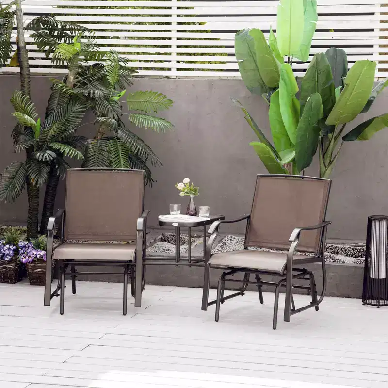 Steel Frame Outdoor Glider Bench with Tempered Glass Coffee Table 2-Seat Brown