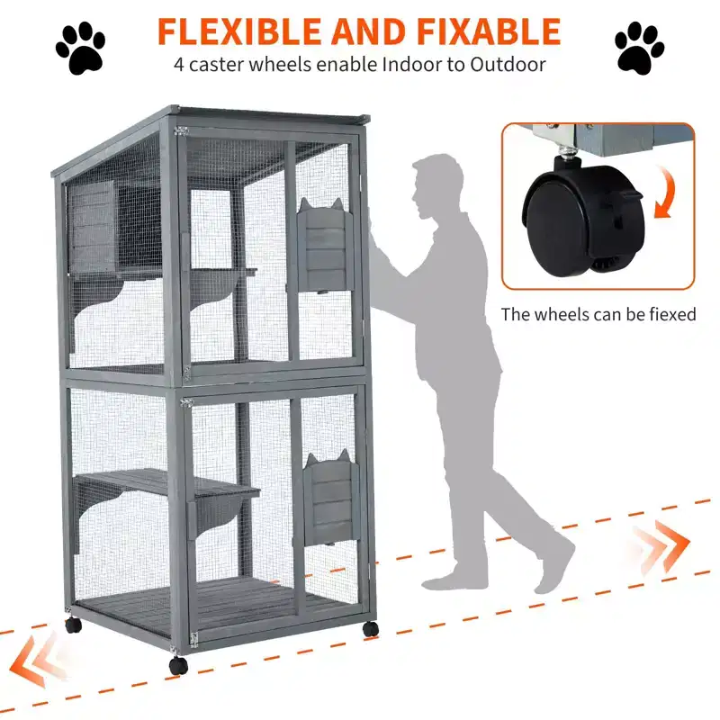 Cat Enclosure, 69-Inch Wooden Catio 4-Tier - 37x34x69in Waterproof Roof Removable Tray Lockable Casters Indoor/Outdoor Multiple Accesses