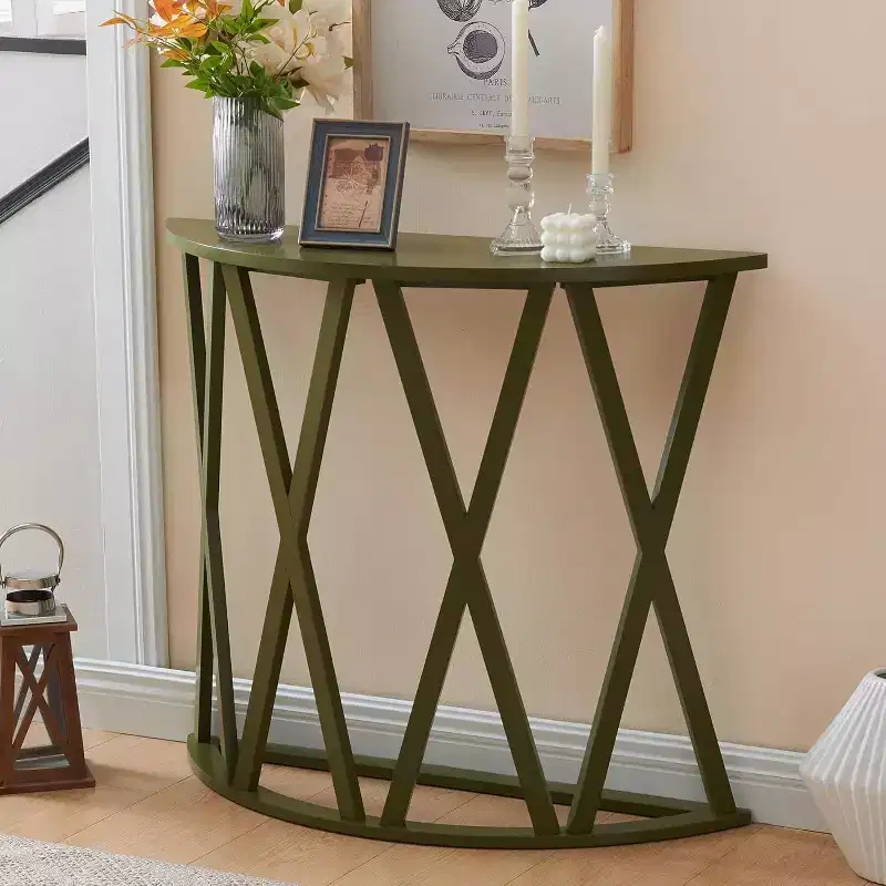 Kings Brand Furniture Vienna Half Moon Wood Console Table for Entryway, Accent Sofa Table X-Motifs Design for Living Room, Hallway, Foyer, Entrance