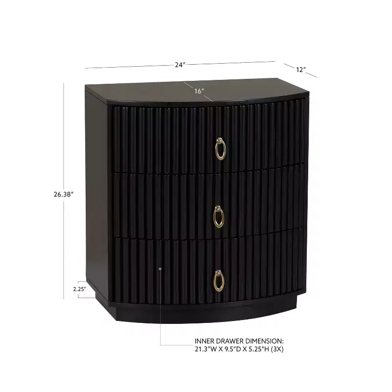 3-Drawer Nightstand Black Lacquer Gold Hardware