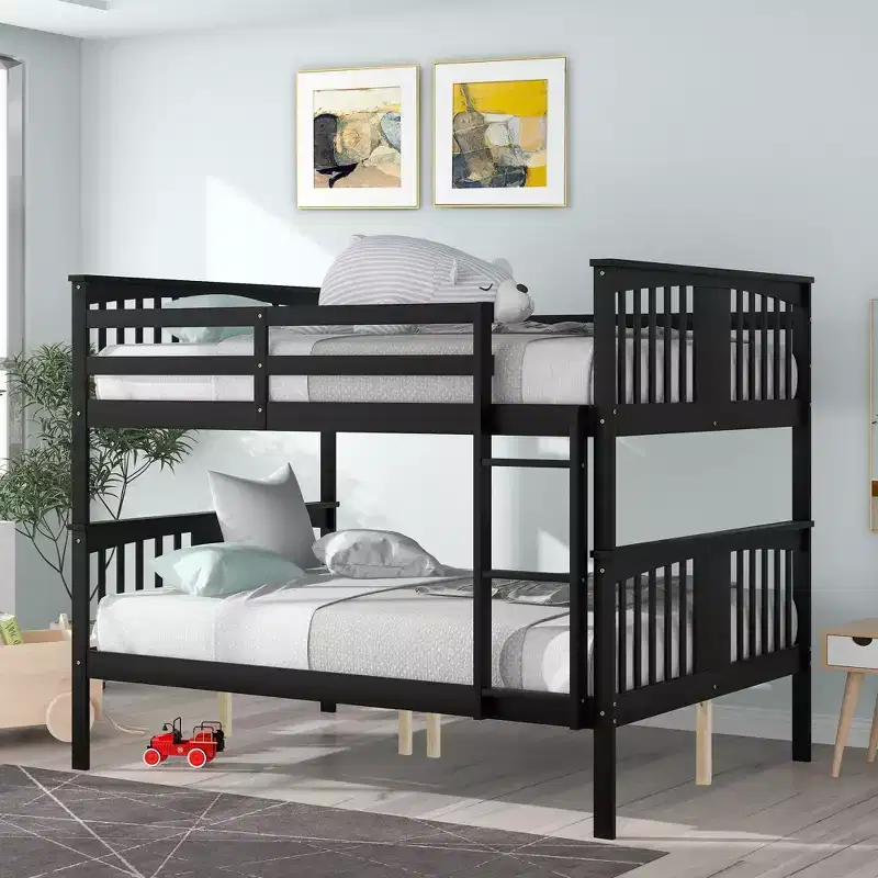 Wooden Full over Full Bunk Bed with Safety Guardrail and Sturdy Ladder for Bedrooms Guest Rooms Dorms