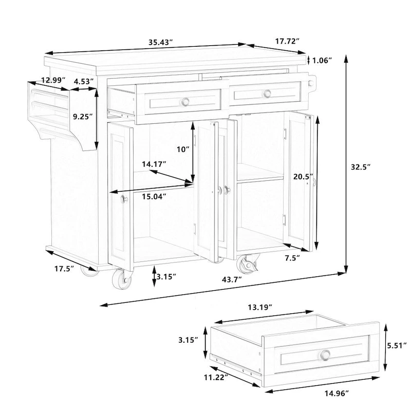 43.31 in. Kitchen Island Cart with 2 Cabinets and Spice Rack