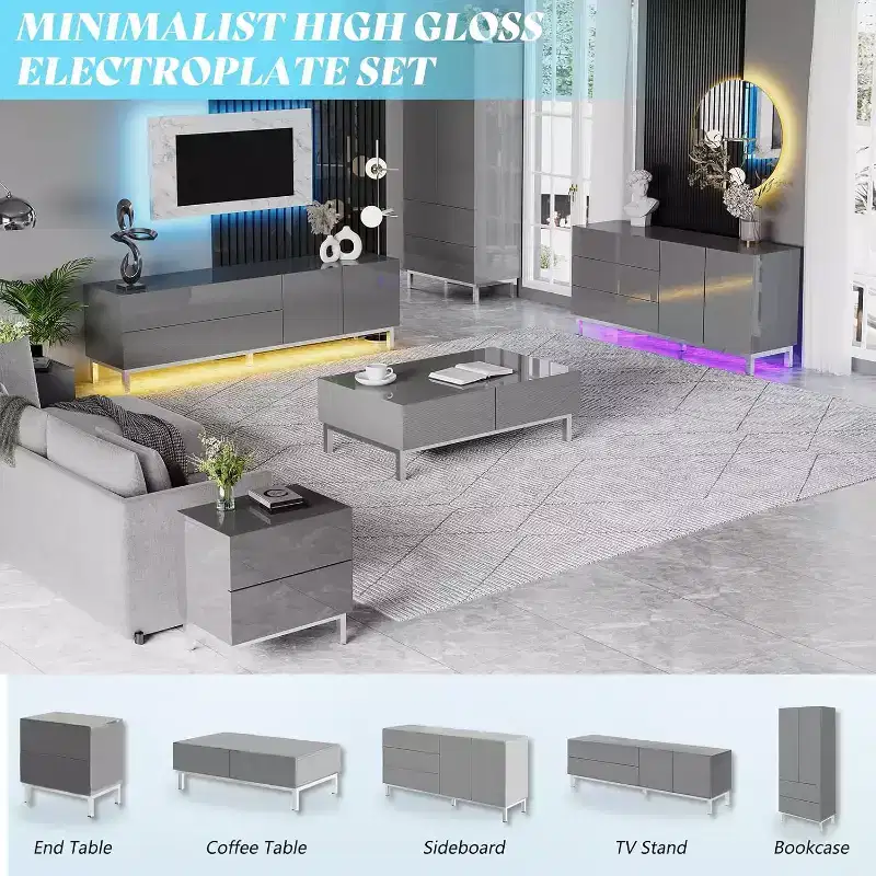 High Gloss Electroplated Sideboard Buffet with LED Lights, 63