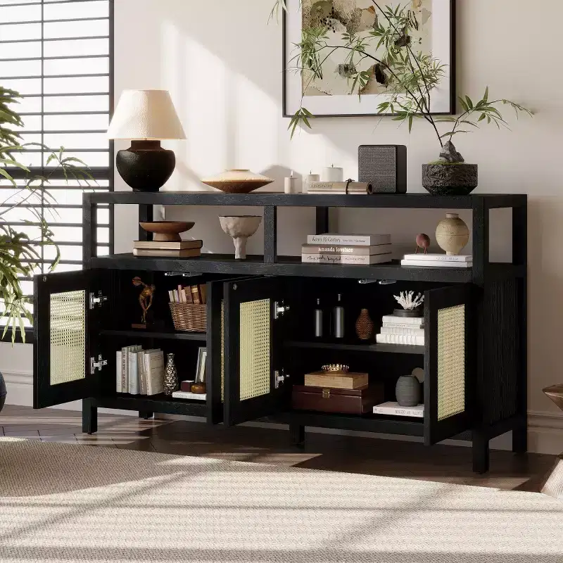 Boho Rattan Sideboard Buffet Cabinet, Solid Wood Frame Accent Storage Cabinet with Push-to-Open Doors and Adjustable Shelf - Panipeachy