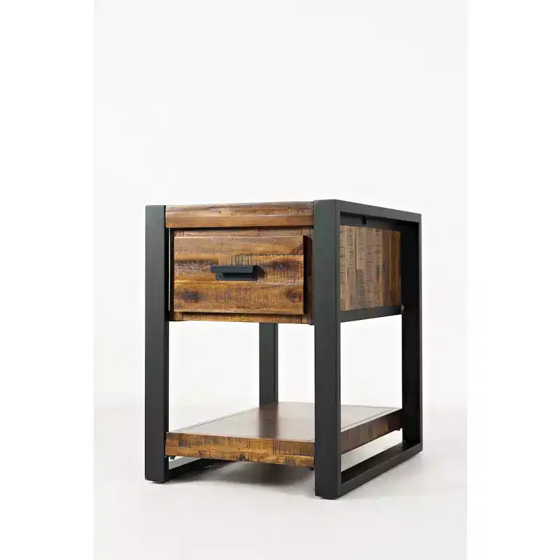 Modern Industrial Distressed Acacia Side Table with Drawer- Brown Color