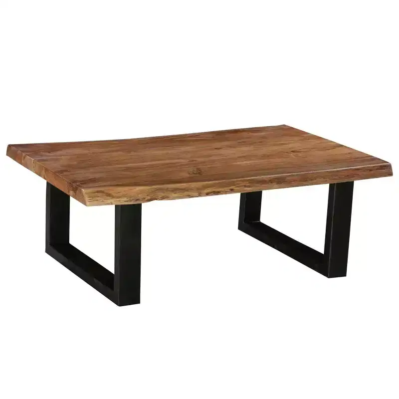 The Urban Port 45" Acacia Wood Rectangular Coffee Table Live Edge Details Black Powder Coated Metal Base Natural Brown