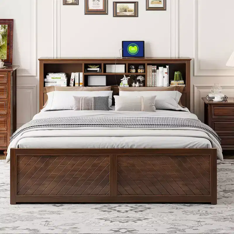 Whisen King Size Wood Platform Bed with Multi-storage Headboard, USB and Drawers