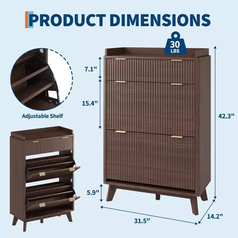 Fluted Wood Shoe Storage Cabinet for Entryway with 2 Flip Drawers, 48 Tall Freestanding Hidden Narrow Shoe Organizer Rack for Hallway