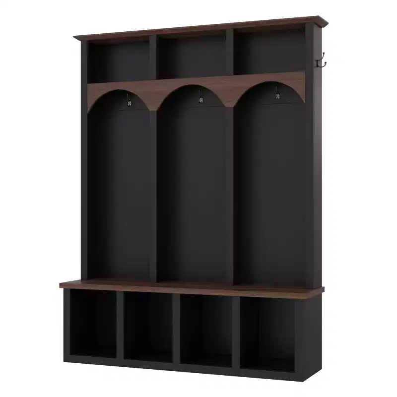 Clihome Farmhouse Wooden Style Hall Tree Storage Bench with 5 Hooks